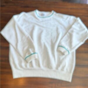 Vintage Style Knit Crewneck Sweater | Beezil | Cream w/ Teal Trim | Size Large